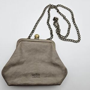 HOBO International Leather Coin Purse with Chain Strap Taupe Gray